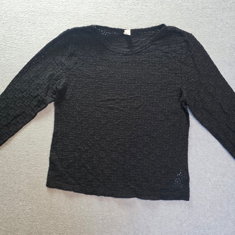 Old Navy Open Knit Pullover Sweater Womens M Black Textured Lightweight Crewneck